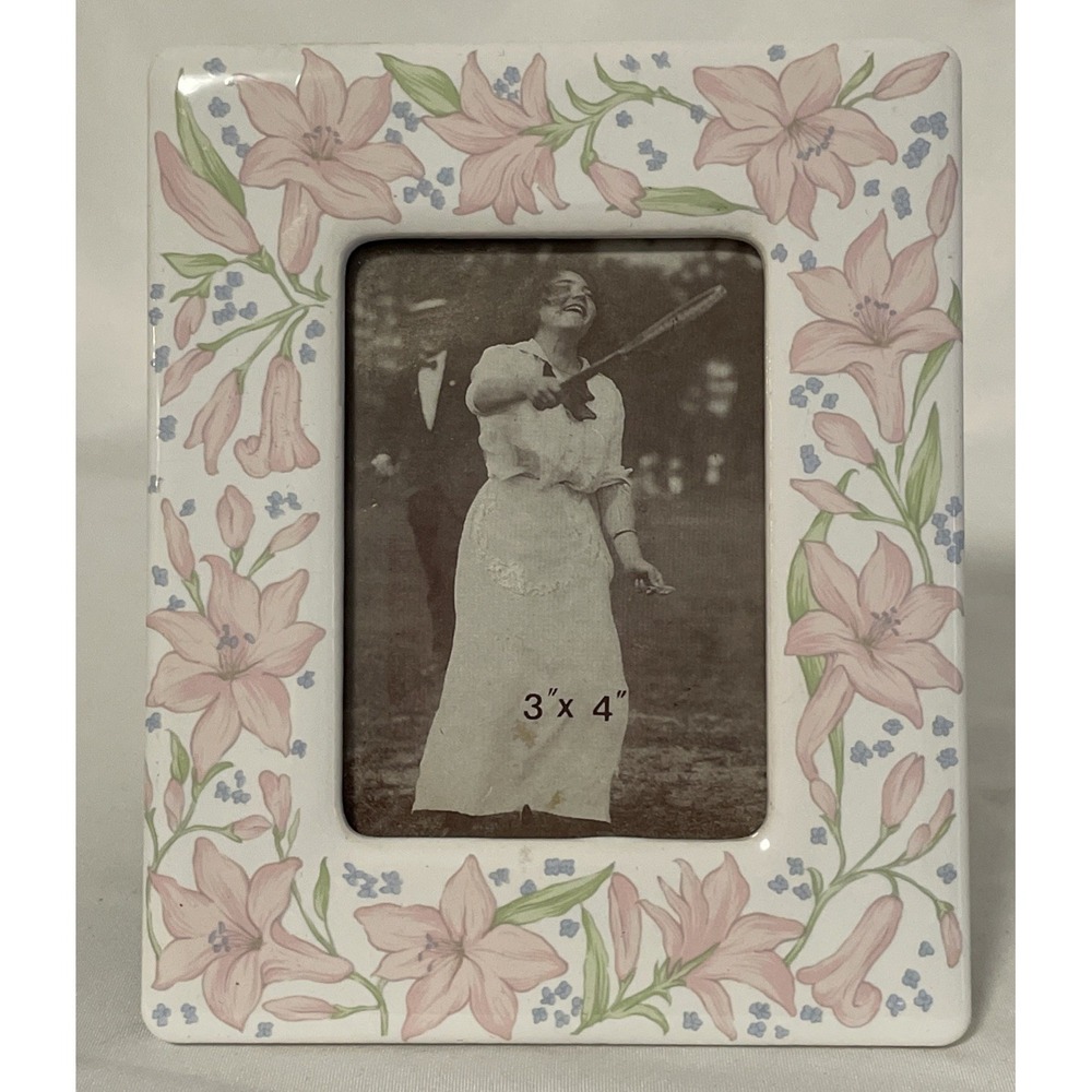 Vintage Floral Picture Frame Cottage Core Pink Lillies Ceramic Table Top 1980's